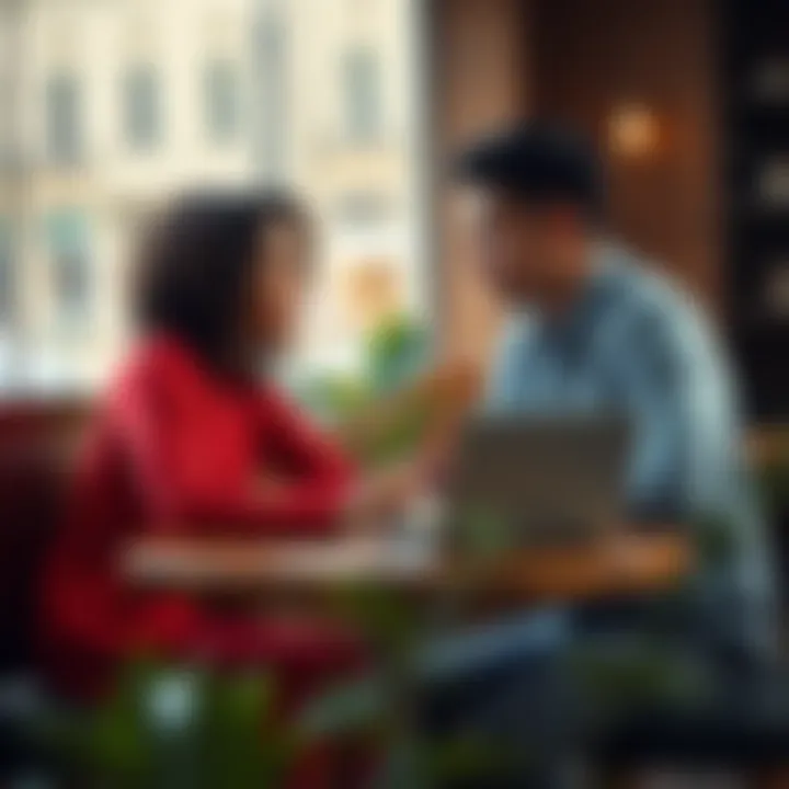 A couple discussing their career goals while sitting at a café table with a laptop and coffee, symbolizing the balance between work and relationships.