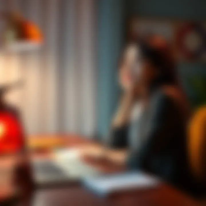 A thoughtful young woman sitting at a desk, contemplating her career and romantic future with a laptop and notebook in front of her.