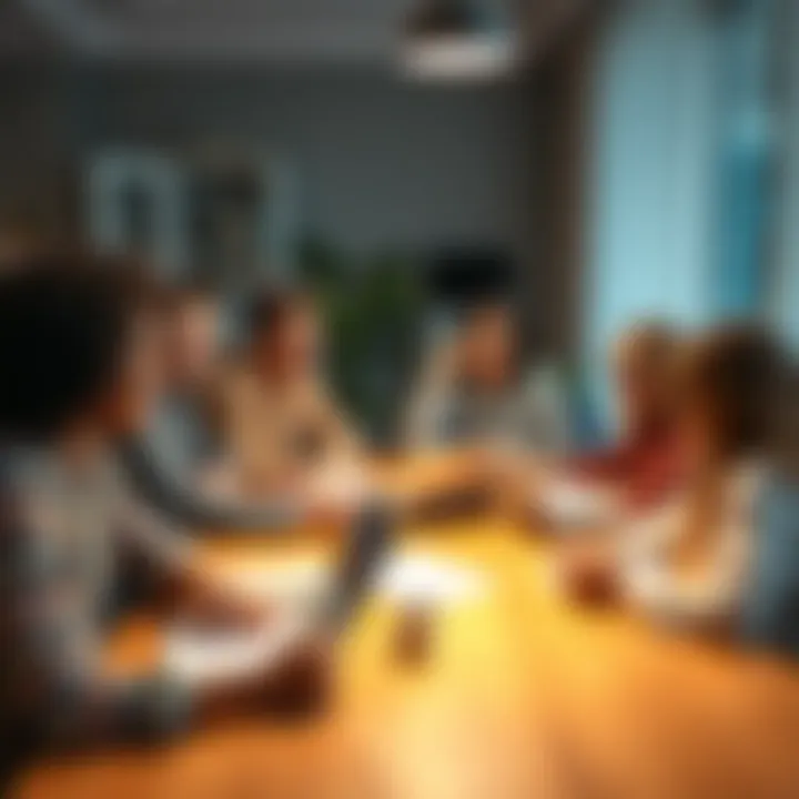 A group of young adults brainstorming around a table with laptops and notepads, sharing ideas about their career paths.