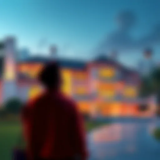 A person standing in front of a luxurious mansion, looking inspired and thoughtful about their future, with a city skyline in the background.