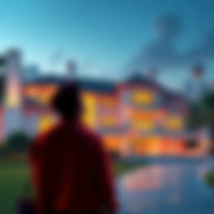 A person standing in front of a luxurious mansion, looking inspired and thoughtful about their future, with a city skyline in the background.