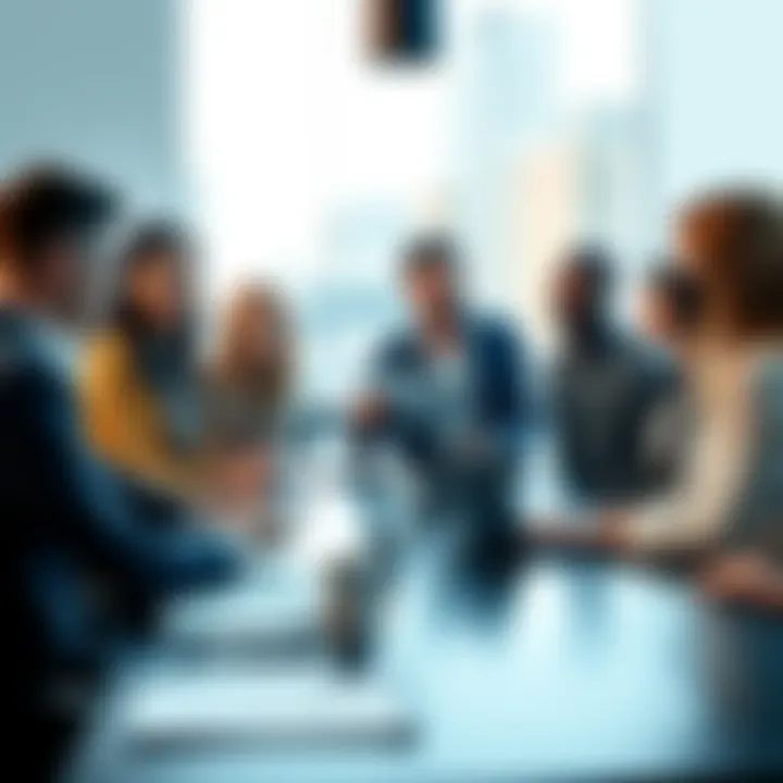 Career Advancement Concept A group of diverse professionals discussing career strategies around a table, showcasing teamwork and collaboration.