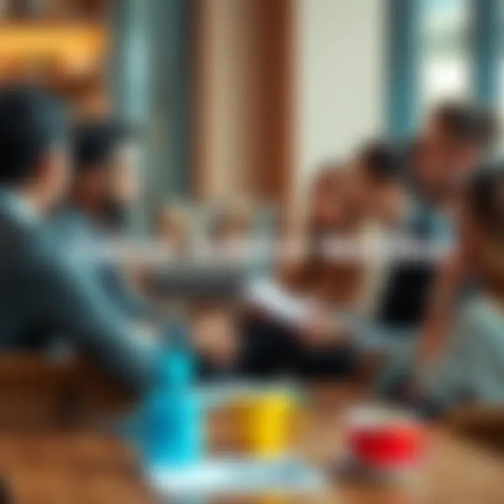 A group of people exchanging career advice in a casual setting, with a notepad and coffee cups on the table.