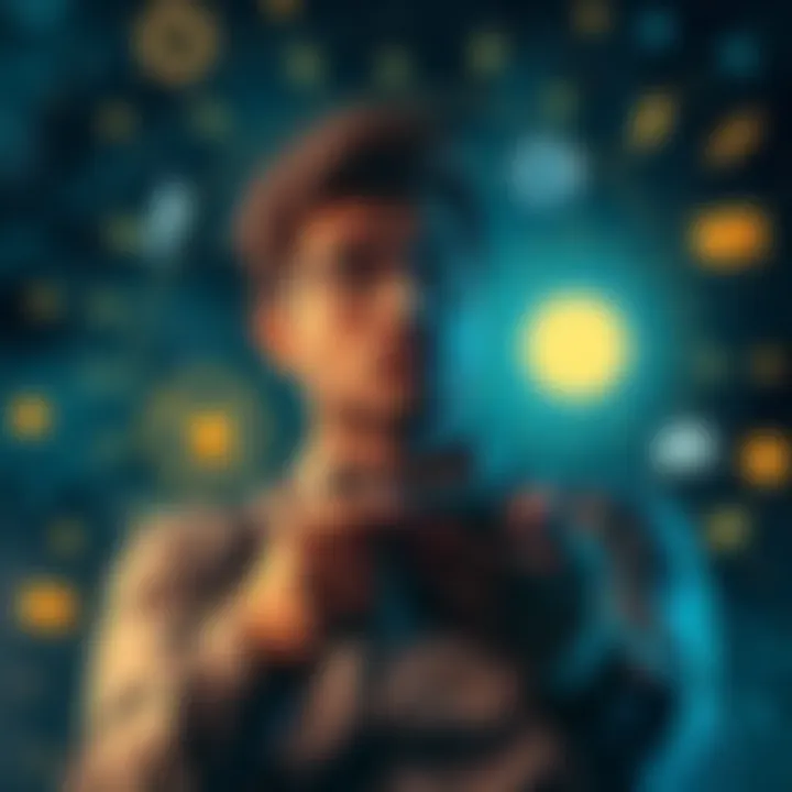 A person looking at a star chart while considering different career options, surrounded by symbols of various professions and wealth.