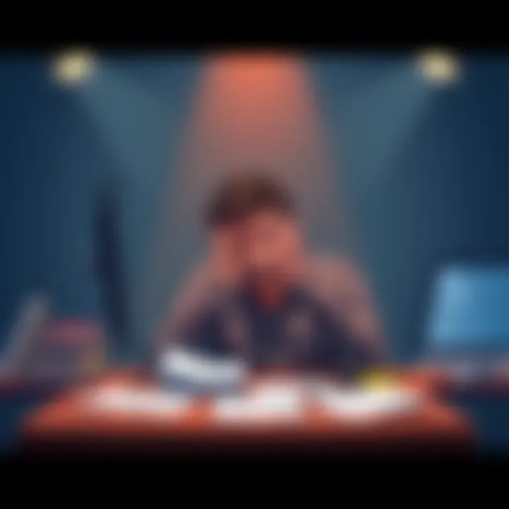 A person looking stressed at their desk with papers and a computer, symbolizing career struggles during the Ketu-Saturn phase.