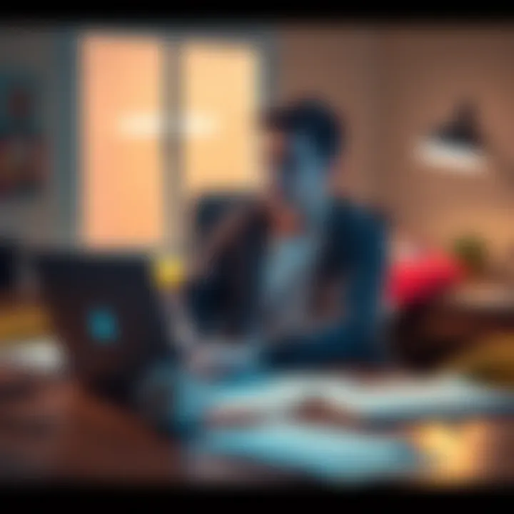 A young adult in casual clothing sits at a desk, looking contemplative while researching career options on a laptop, with papers and a coffee cup nearby.