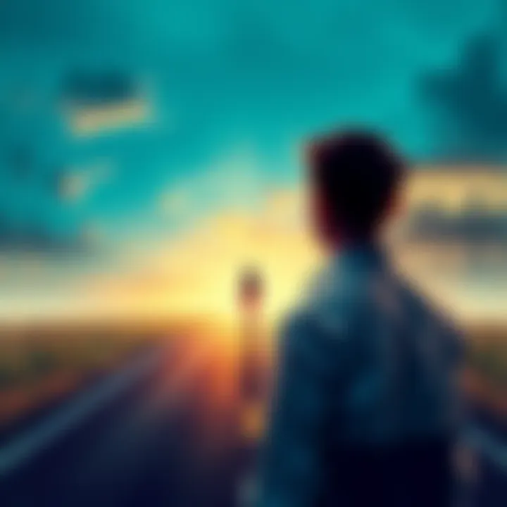 A person at a crossroads, looking at two different paths representing career options, with one path leading to creative work and the other to a corporate office.