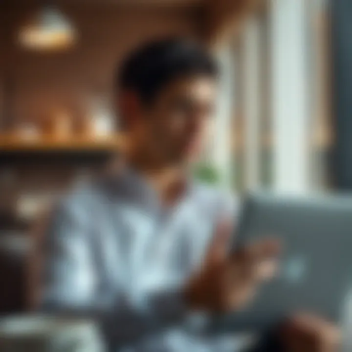 A 30-year-old person contemplating career options and marriage, looking thoughtful while holding a laptop and a wedding ring