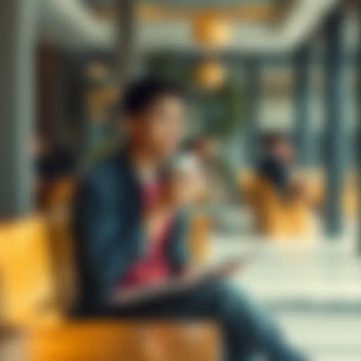 A 27-year-old person sitting alone in a quiet cafe, looking thoughtful while holding a coffee cup and a notebook, contemplating their future career direction.