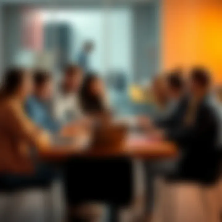 A group of young adults discussing their career options around a table with laptops and notepads.
