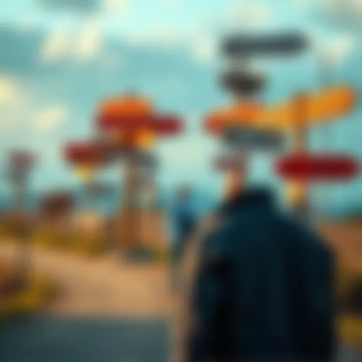 Individual at a crossroads, weighing different career paths, with signs pointing in various directions