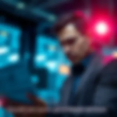 A professional looking at a government job application with a thoughtful expression