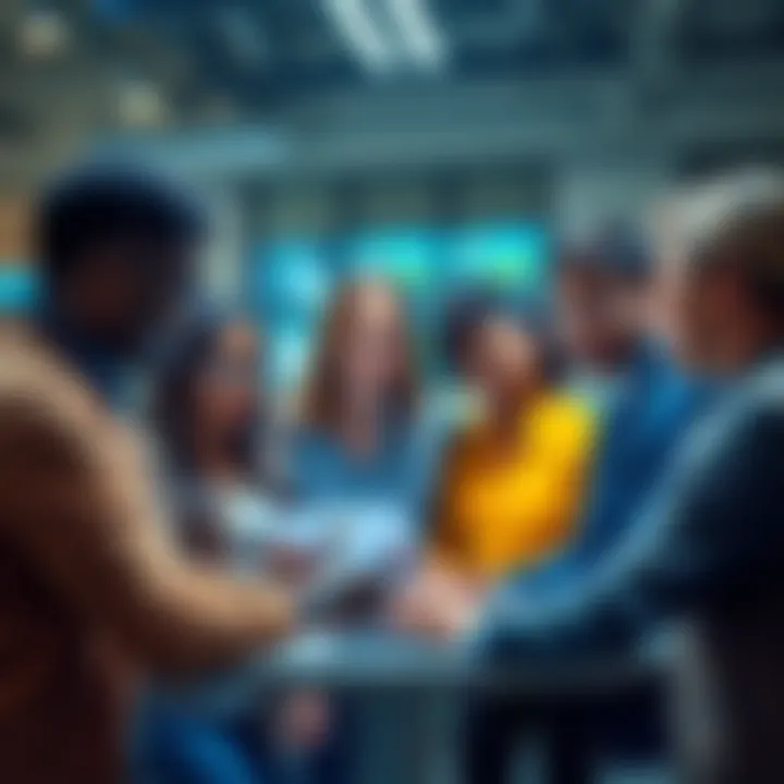 A group of diverse professionals collaborating and brainstorming over career development plans.