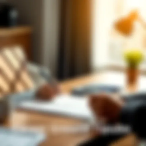 A person reviewing a job application and taking notes at a desk with a laptop and coffee cup