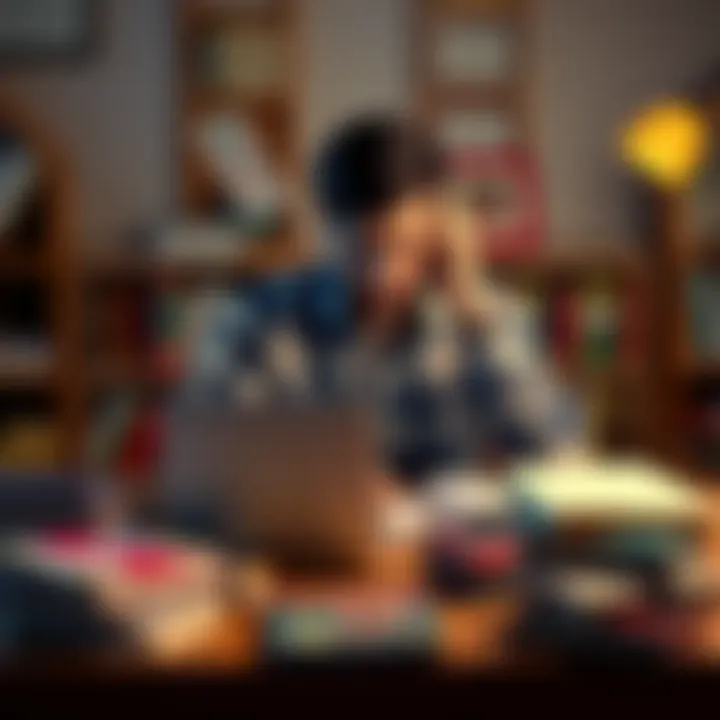 A person sitting at a desk looking stressed, surrounded by books and a laptop, contemplating career options and education paths