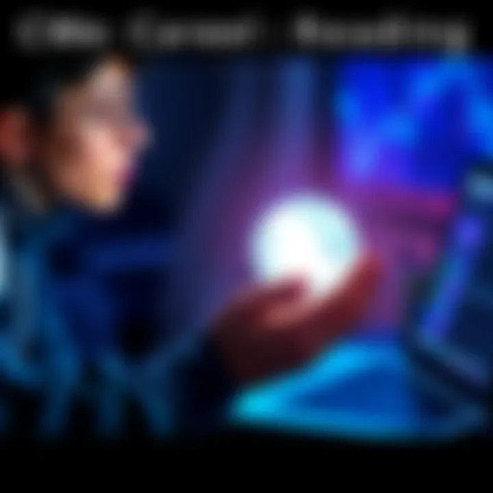 A person holding a crystal ball while looking at a laptop, symbolizing career guidance and free readings for job seekers.