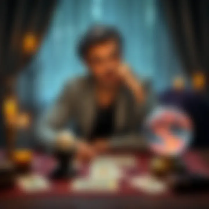Person Seeking Career Guidance A person sitting at a table with tarot cards and a crystal ball, looking thoughtful while seeking career insights.