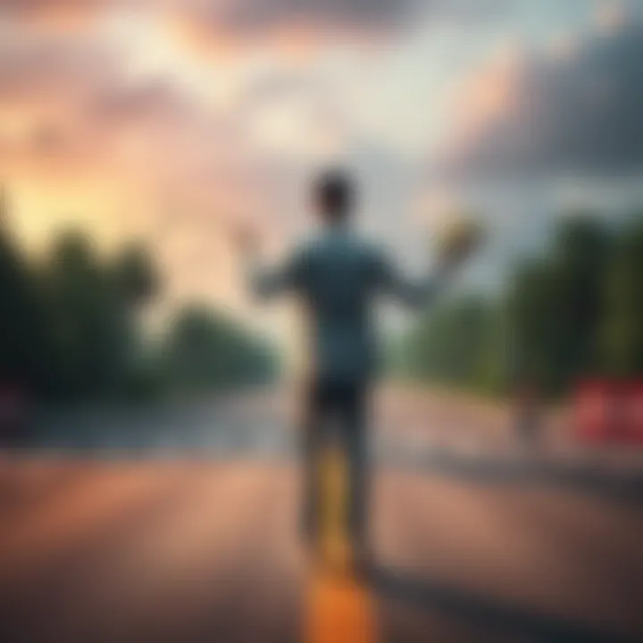 A person standing at a crossroads, holding a whip in one hand and a bouquet in the other, looking thoughtful about their career choices