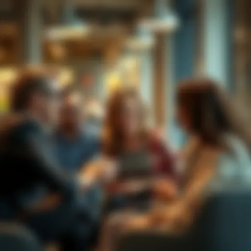A group of people sitting together, discussing career options over coffee, looking supportive and engaged.
