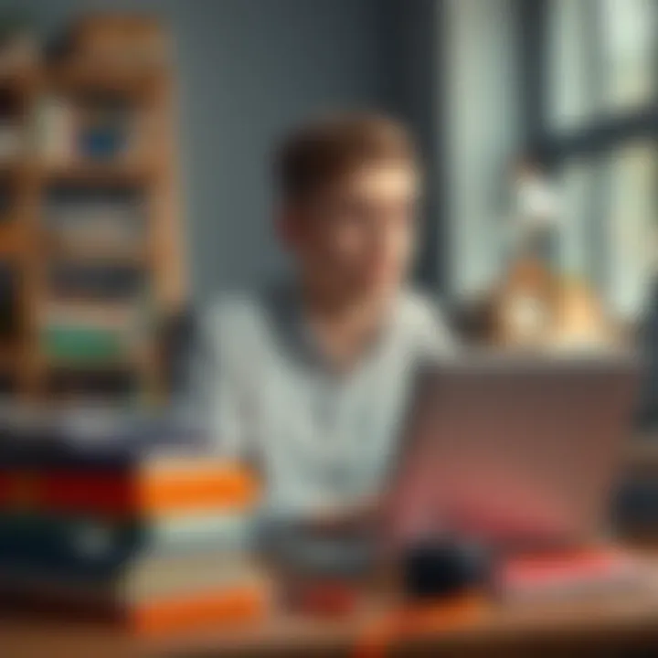 A 19-year-old sitting at a desk surrounded by books and a laptop, looking thoughtful while considering career and education options.