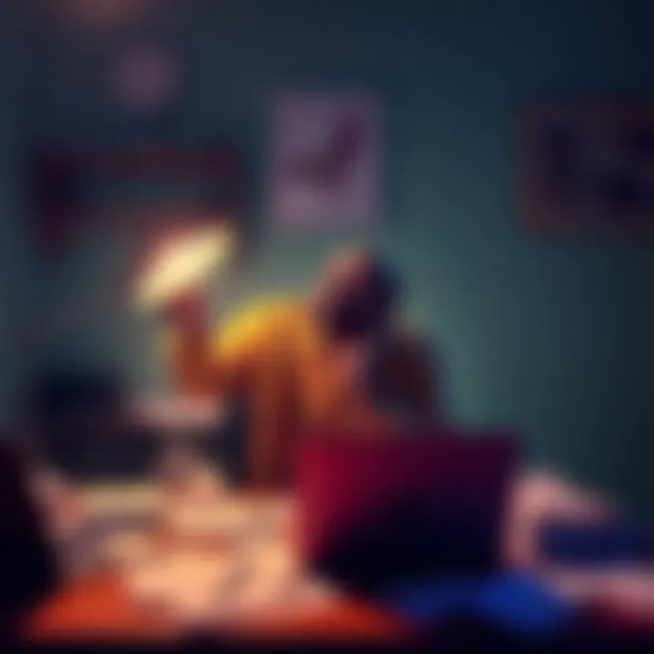 Individual sitting at a desk, looking stressed and overwhelmed, surrounded by papers and a laptop, symbolizing career and health struggles