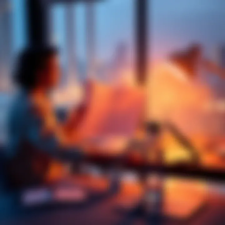 A person in their 30s reviewing a financial plan while sitting at a desk with a laptop, a water bottle, and a notepad nearby.