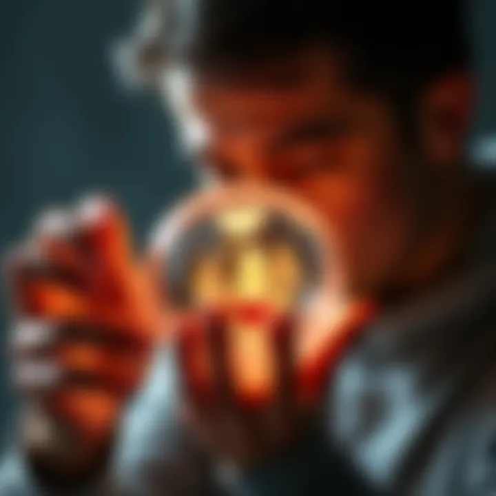 A person looking at a crystal ball with symbols representing career, love, and health around it