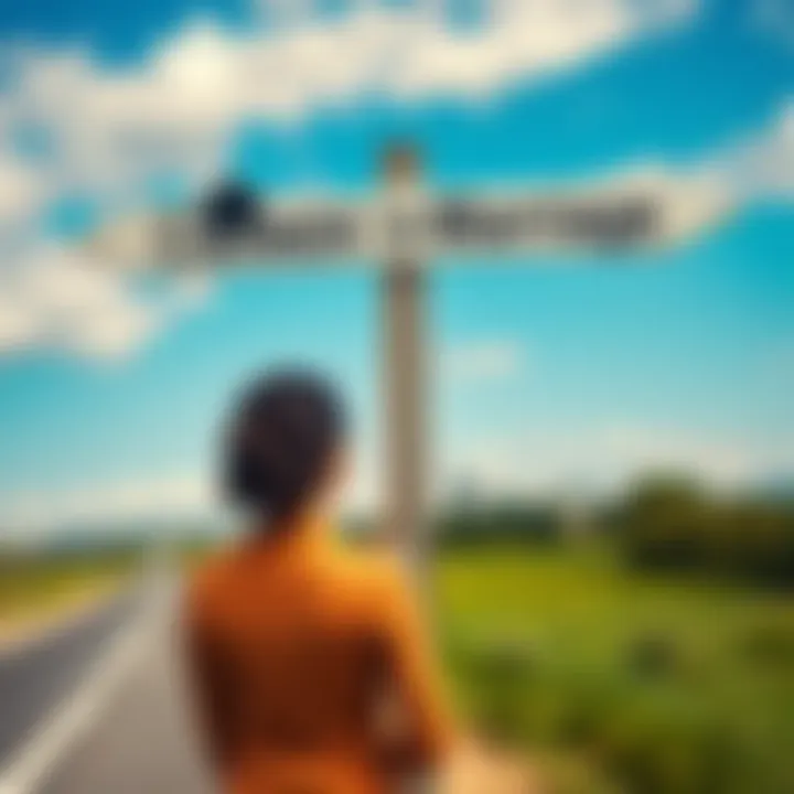 A woman looks thoughtfully at a crossroads sign, one side pointing to a city skyline symbolizing career success and the other pointing to a house symbolizing family life.