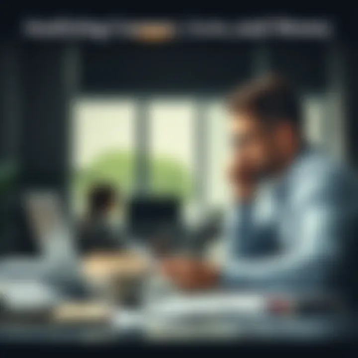 A person contemplating their career, marriage, love, and financial decisions while sitting at a desk with a laptop, papers, and coffee cup.