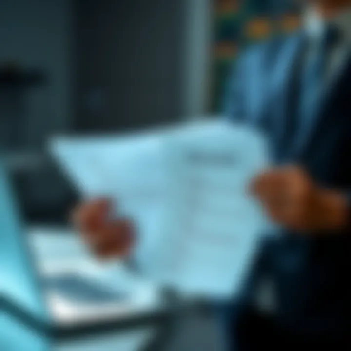 A person in business attire holding a resume in one hand while looking at job listings on a laptop, representing job search efforts after a career gap.