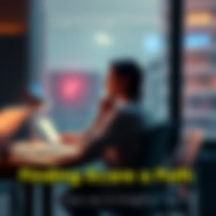 A person sitting at a desk with papers and a laptop, looking thoughtful about their career options