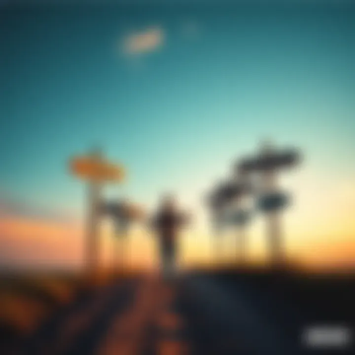 A person standing at a crossroads, looking at signposts pointing to different job options, symbolizing career choices.