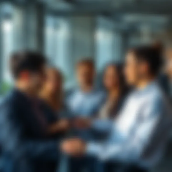 A group of young professionals discussing various career options in a modern office setting.