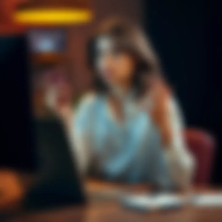 A 22-year-old woman sitting at a desk with a laptop in one hand and a phone in the other, looking thoughtful about her career and personal life.