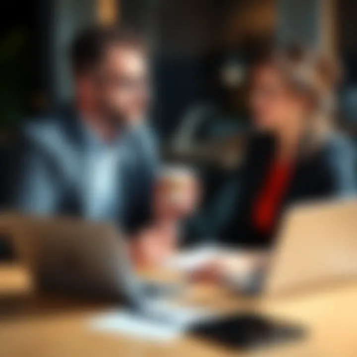 A professional in business attire discussing career tips with a friend over coffee, with notes and a laptop on the table.