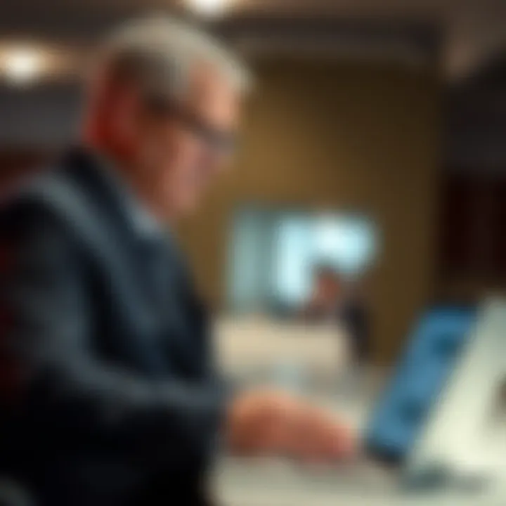 A veteran in a suit reviewing job listings on a laptop, symbolizing career options after military service