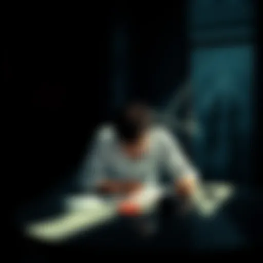 A person working hard at a desk, with shadows representing the unseen aspects of their efforts, symbolizing the 12th house's impact on career visibility.