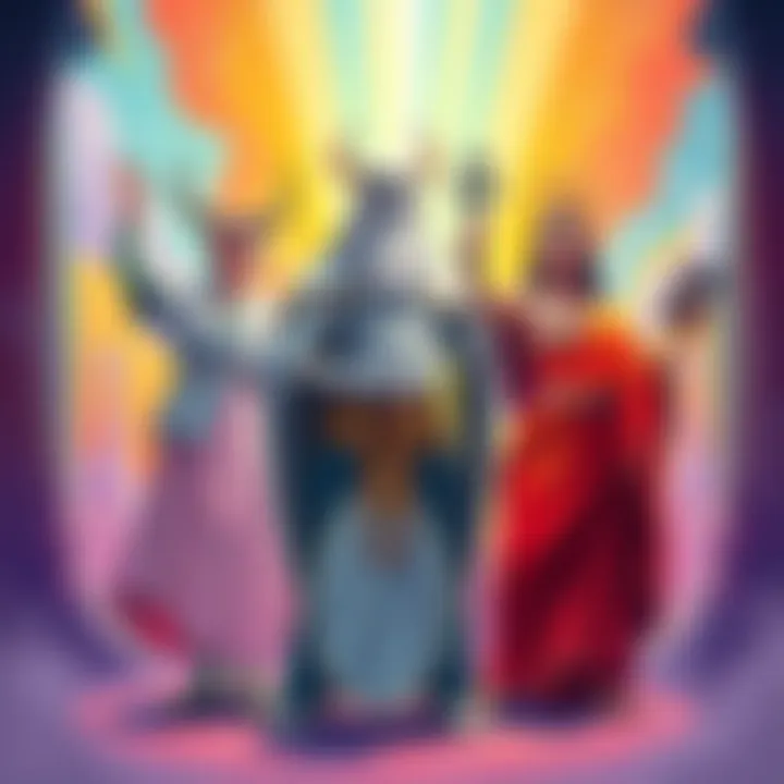 An illustration showing various professionals like an opera singer, veterinarian, and painter, each depicted with a Greek deity that inspires them, set against a vibrant background.