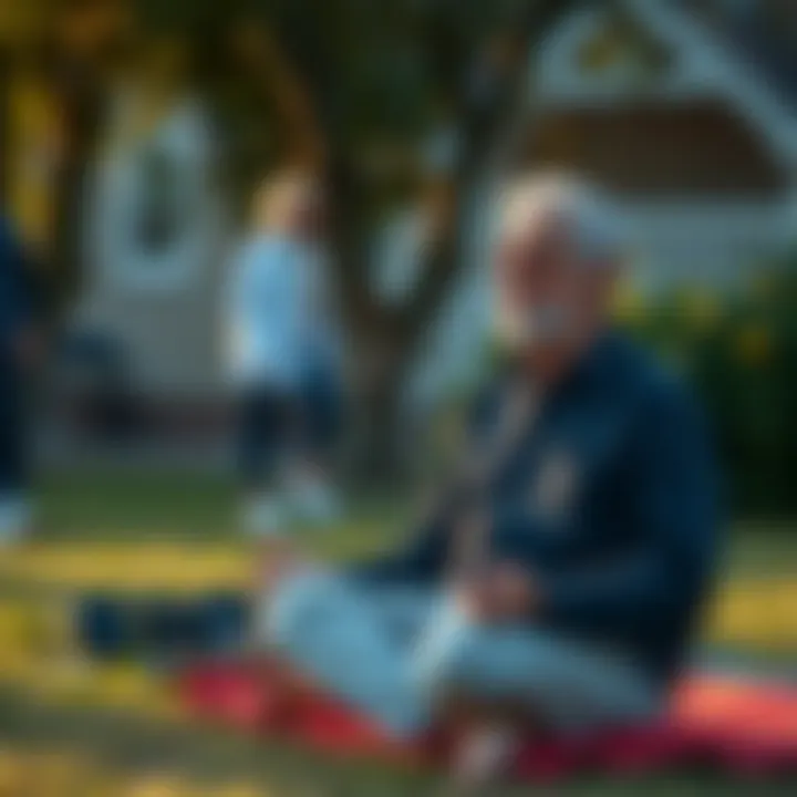 A caregiver sitting beside his father, both in a peaceful environment, practicing meditation together, illustrating a bond and health improvement.
