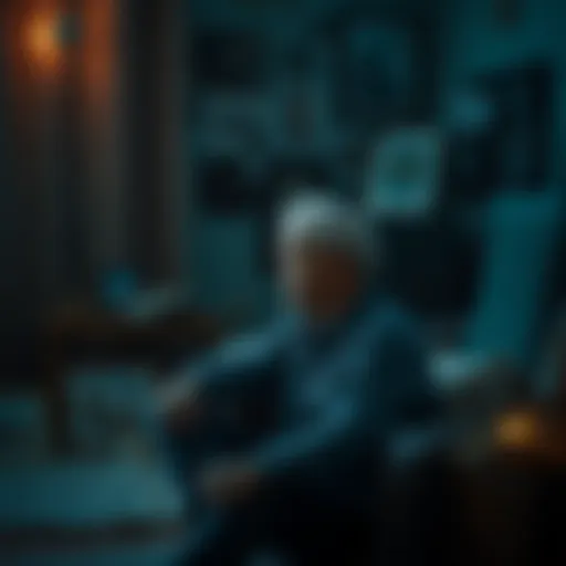 A caregiver sitting alone, looking contemplative with a soft expression, surrounded by personal mementos in a dimly lit room.