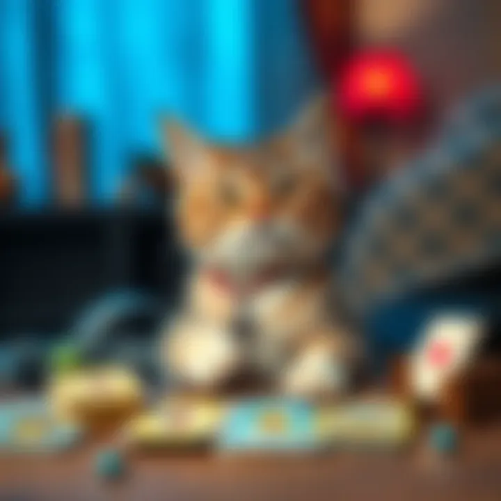 A playful cat named Carl sitting with a Tiny Tarot deck, ready to offer free three-card readings. The scene includes colorful tarot cards and a cozy setting to invite interaction.