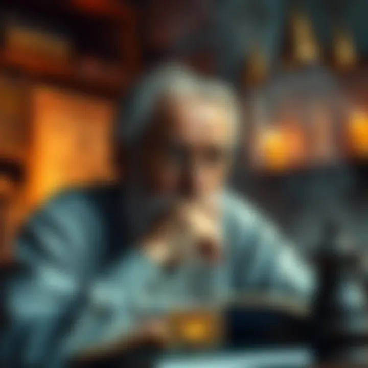 A person pondering over Carl Jung's theories on alchemy, with books and alchemical symbols in the background.