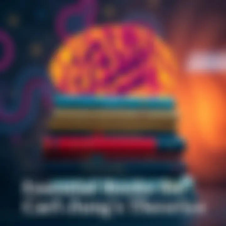 Books on Carl Jung's Theories A stack of books about Carl Jung's theories with a brain illustration in the background.