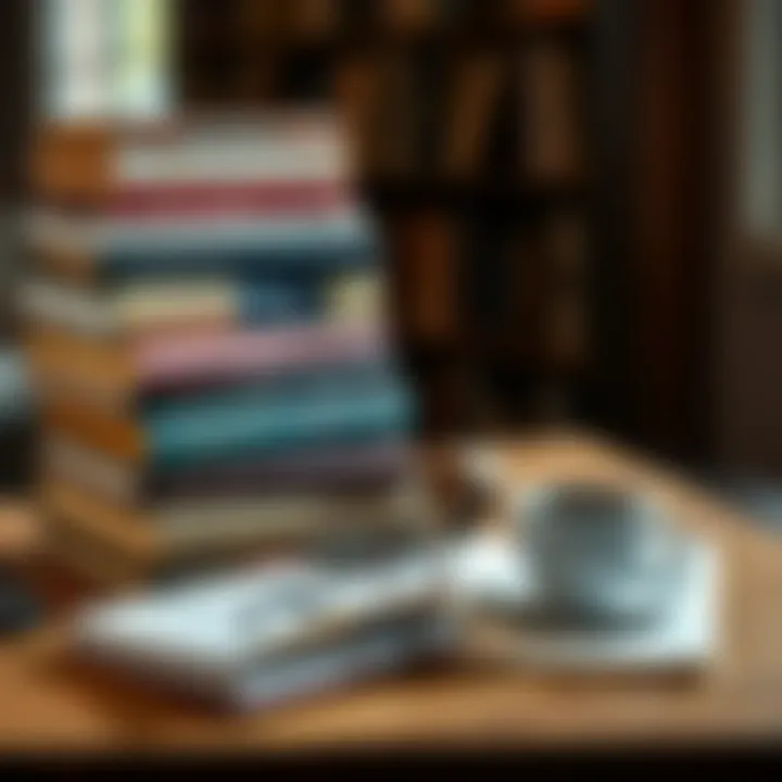 A stack of Carl Jung's books with a cup of coffee and reading glasses on a table.