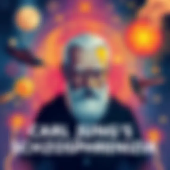 Illustration of Carl Jung surrounded by symbols representing his theories on schizophrenia treatment