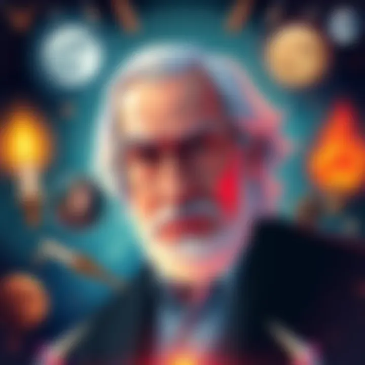 Illustration of Carl Jung with a thoughtful expression, surrounded by symbols of spirituality and knowledge, representing his views on God and understanding.