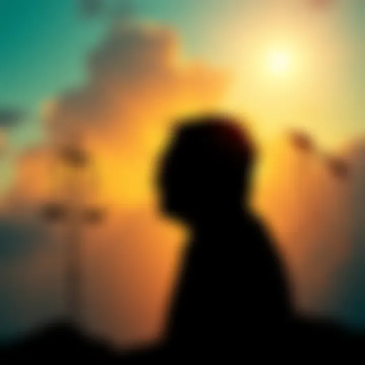 A serene setting with a silhouette of a person deep in thought, surrounded by symbols of decision-making and judgment, like scales and arrows