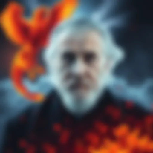 A thoughtful portrait of Carl Jung with symbolic elements like a phoenix and swirling clouds representing reincarnation and consciousness.