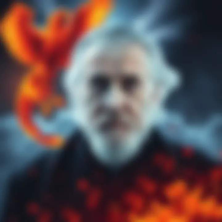 A thoughtful portrait of Carl Jung with symbolic elements like a phoenix and swirling clouds representing reincarnation and consciousness.