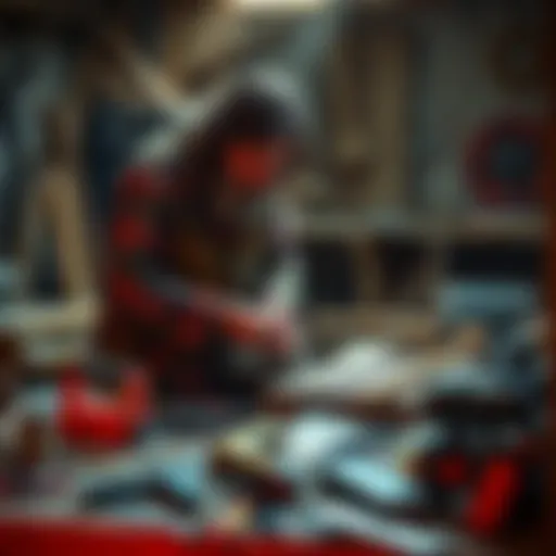 A carpenter working with wood, tools scattered around, symbolizing craftsmanship and creativity, with a hint of music notes in the background